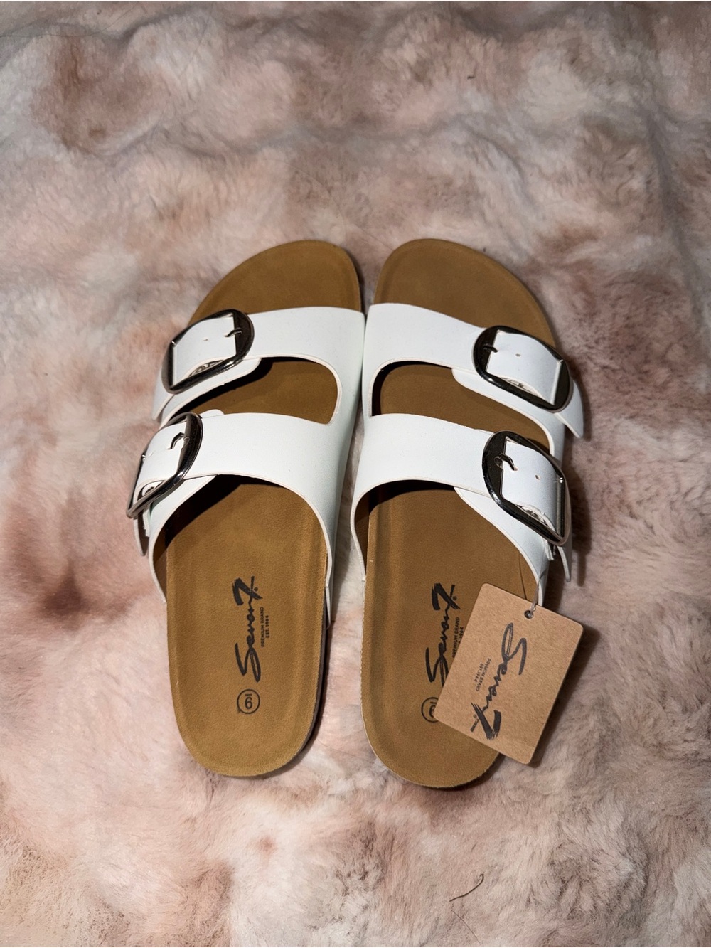Seven7 White Double-Buckle Slide Sandals for Women